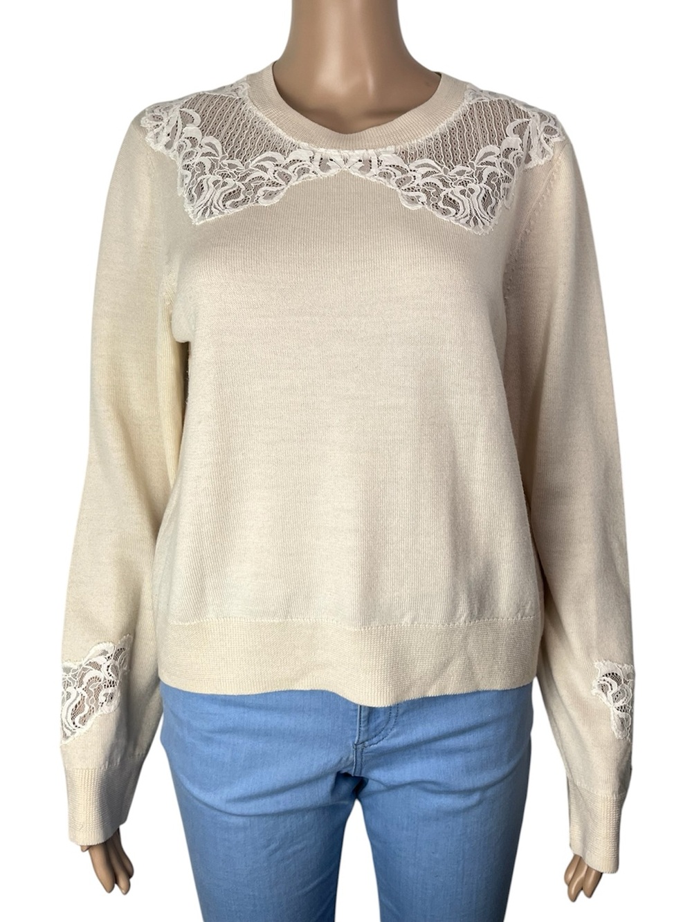 Jonathan Simkhai Fine Knit Wool Sheer Lace Inset Cream Pullover Sweater Top